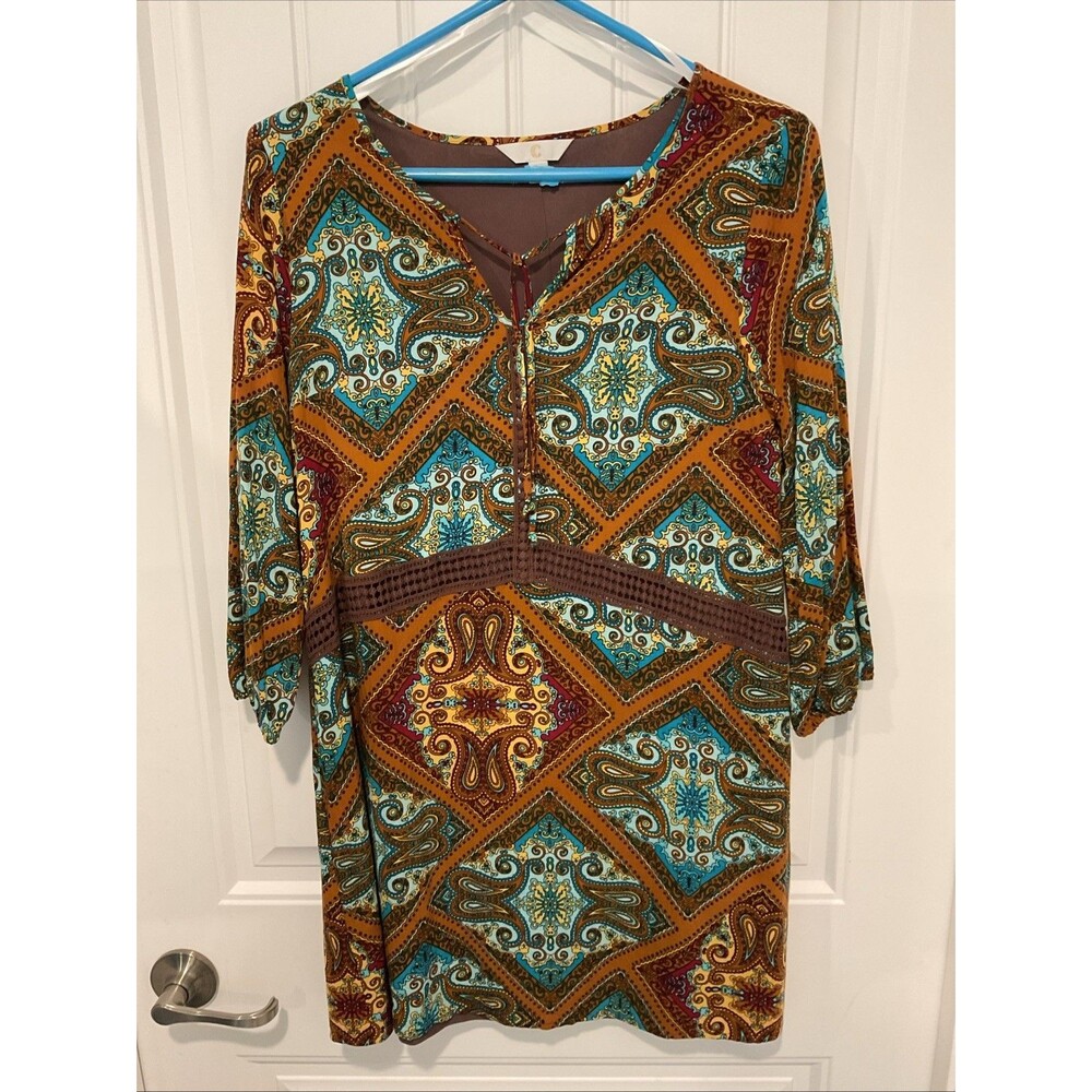 EUC Charming Charlie Bohemian /Hippie Multi-color & Print 3/4 Sleeve Dress Med